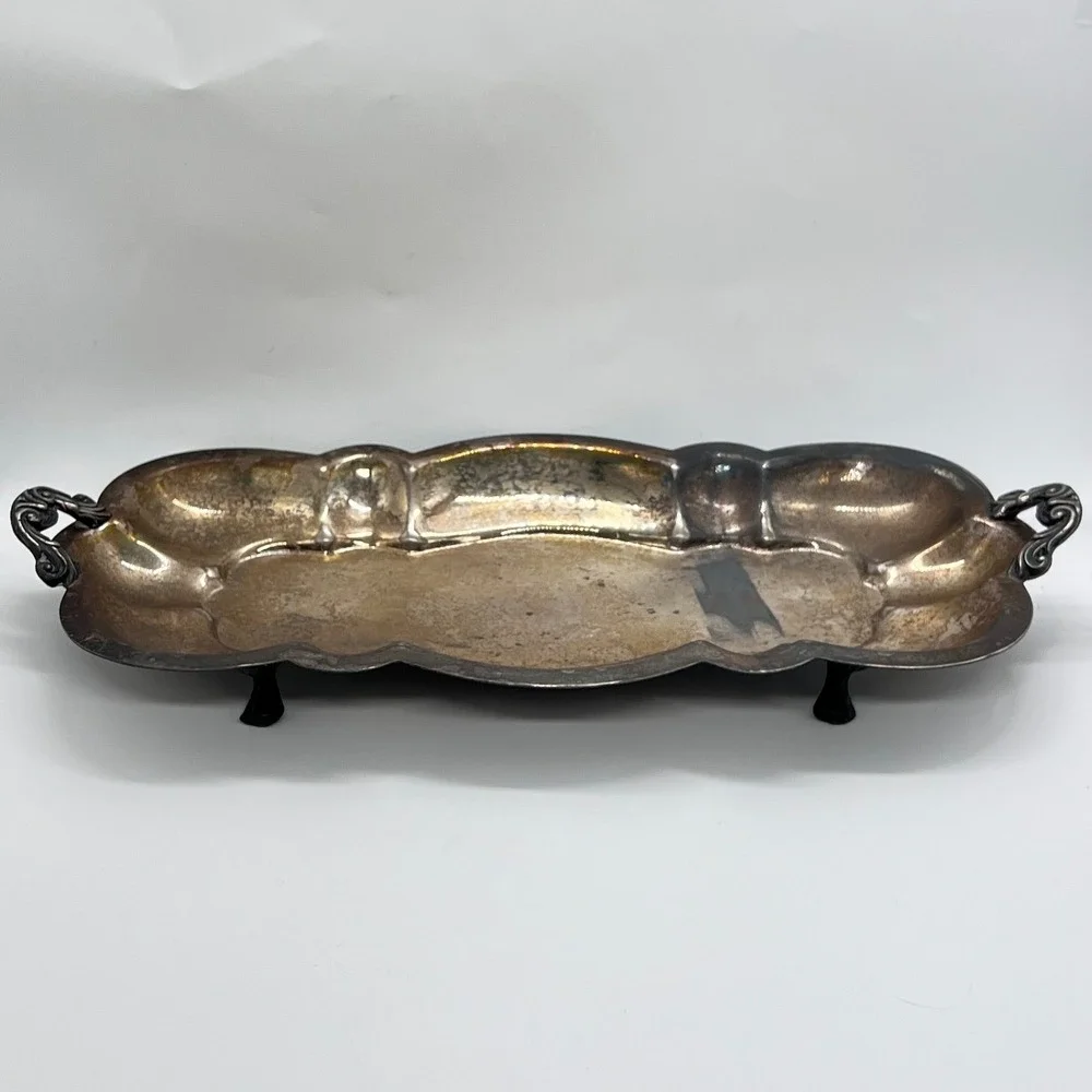 Vintage Silverplate Footed Serving Tray / Dish Unmarked Ornate Antique Style